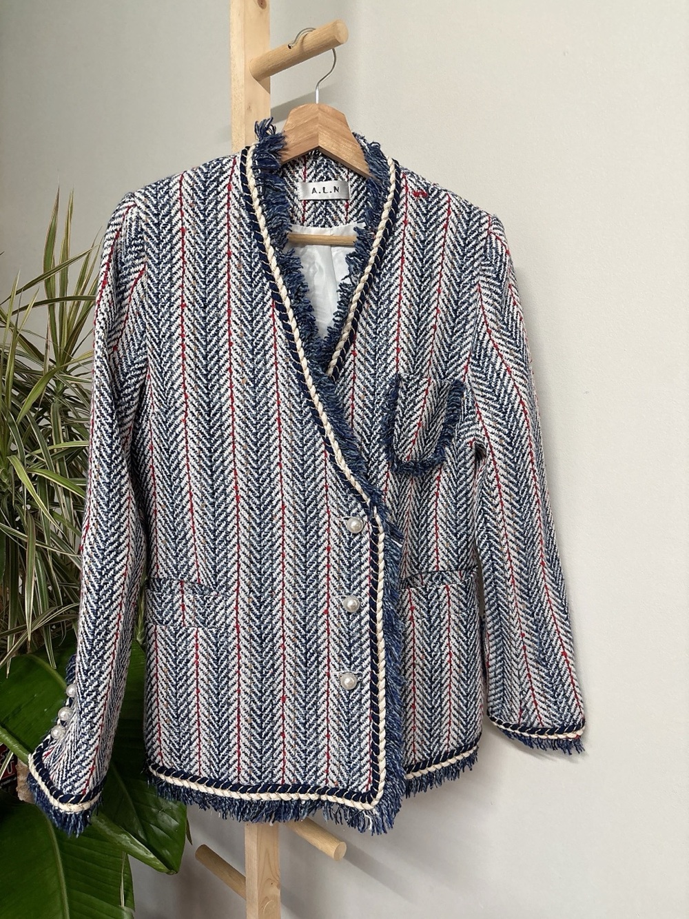 Navy & Cream Herringbone Tweed Fringed Jacket